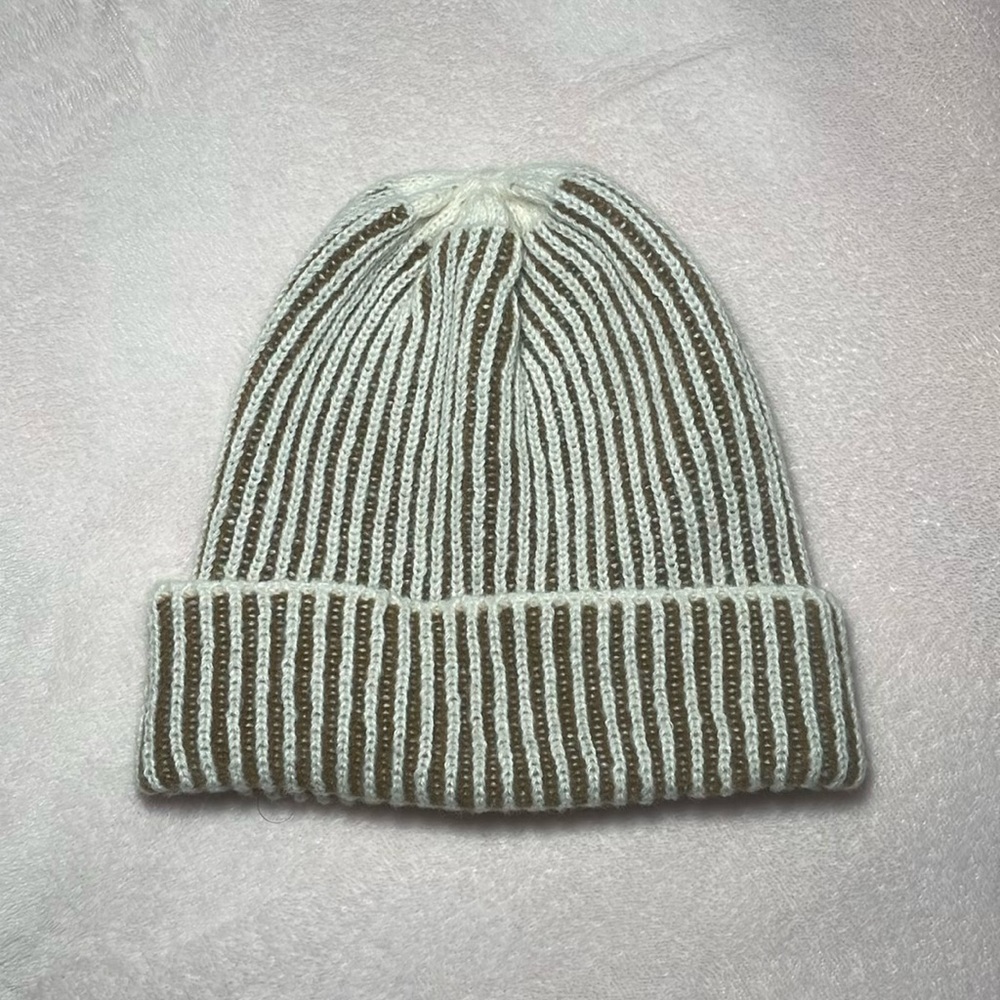 Ribbed White And Brown Beanie